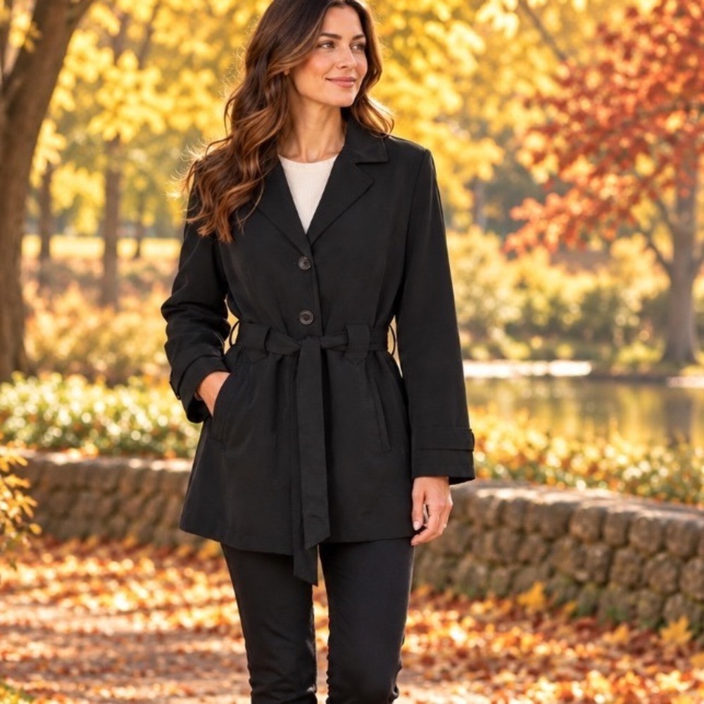 White Stag trench coat Black Belted Jacket Sz S 4-6 Goth Dark Academia